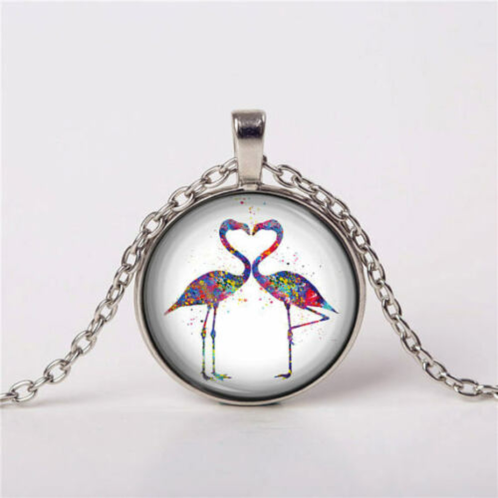 Silver Pink Flamingo Love Heart Cabochon Necklace